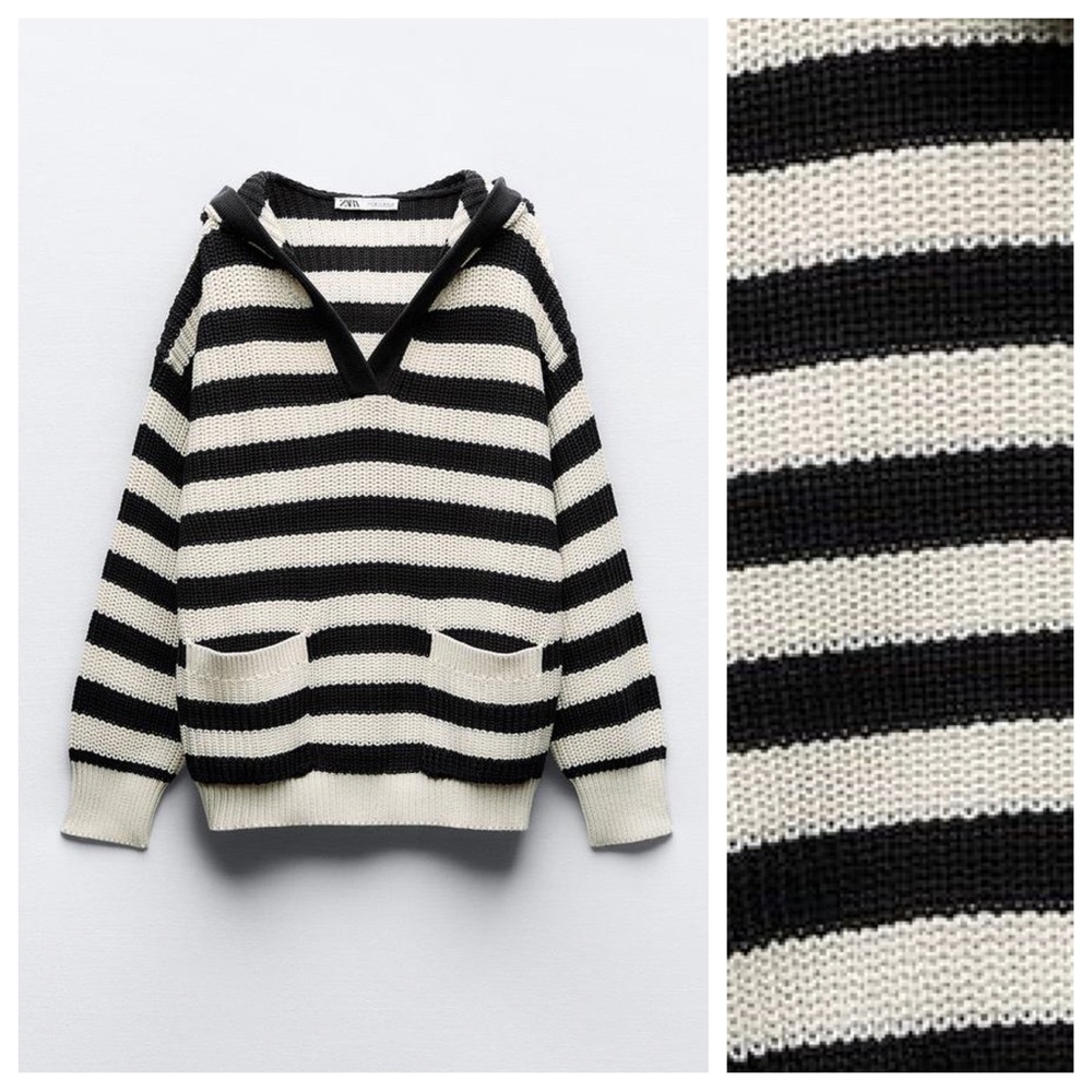 NWT. Zara White/Navy Blue Cotton Knit Striped Hooded Sweater. Size L.